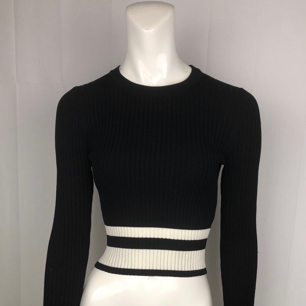 Black White Stripe Long Sleeve Crop Top Size Small